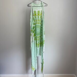 Boho Cover-Up Dress Sleeveless Green White Print Beach Resort‎ - Size Free